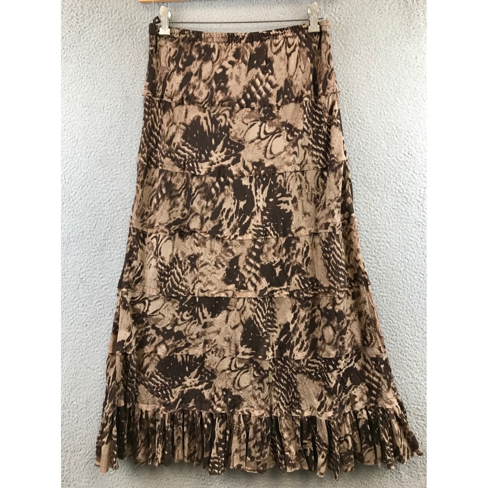 Tease Tiered Maxi Skirt Brown‎ Abstract Print Elastic Waist Ruffle Hem Size L